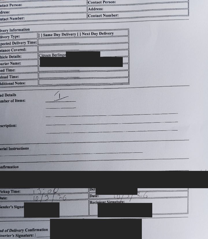 Redacted paper proof of delivery for the Oxford to Harpenden movement