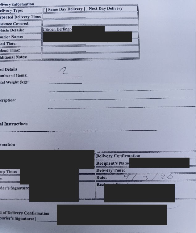 Redacted paper proof of delivery for the Kettering to Erith movement