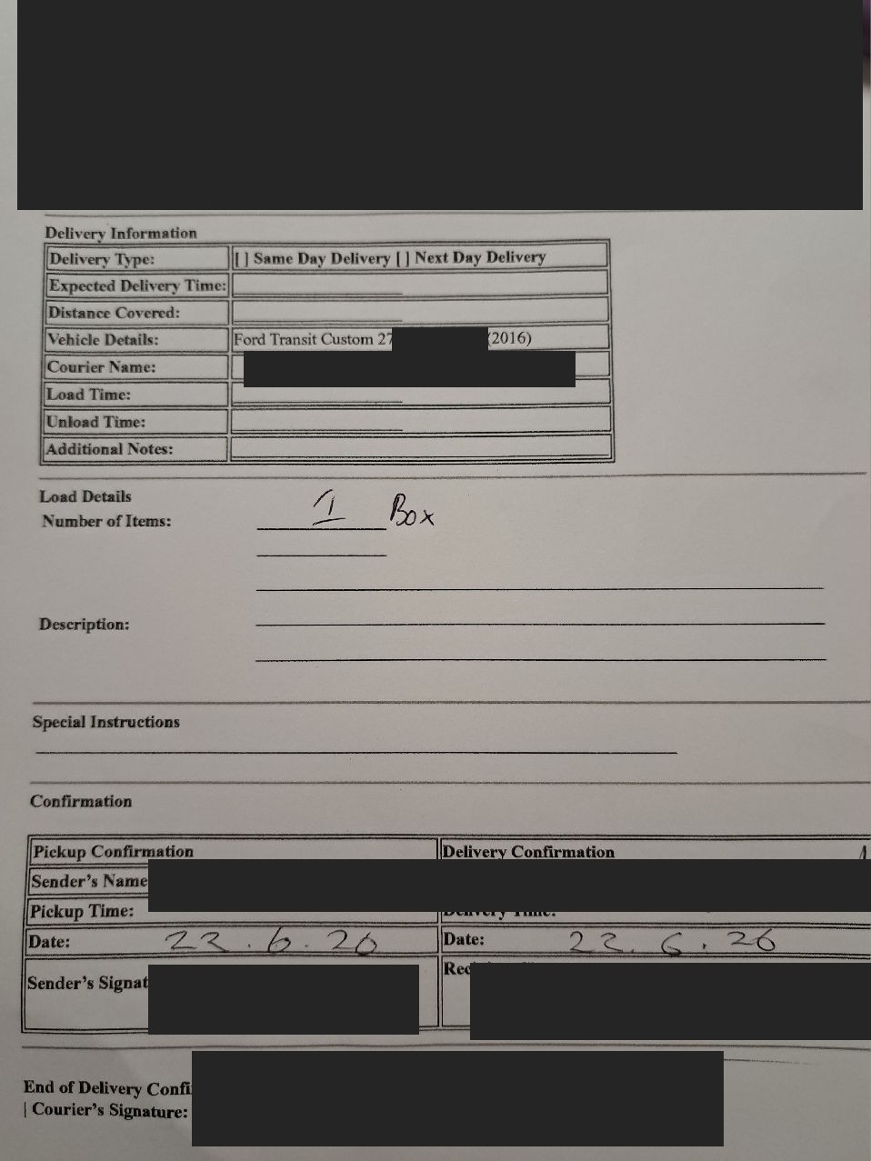 Redacted completed paper POD for the Birmingham to Warwick hospital delivery
