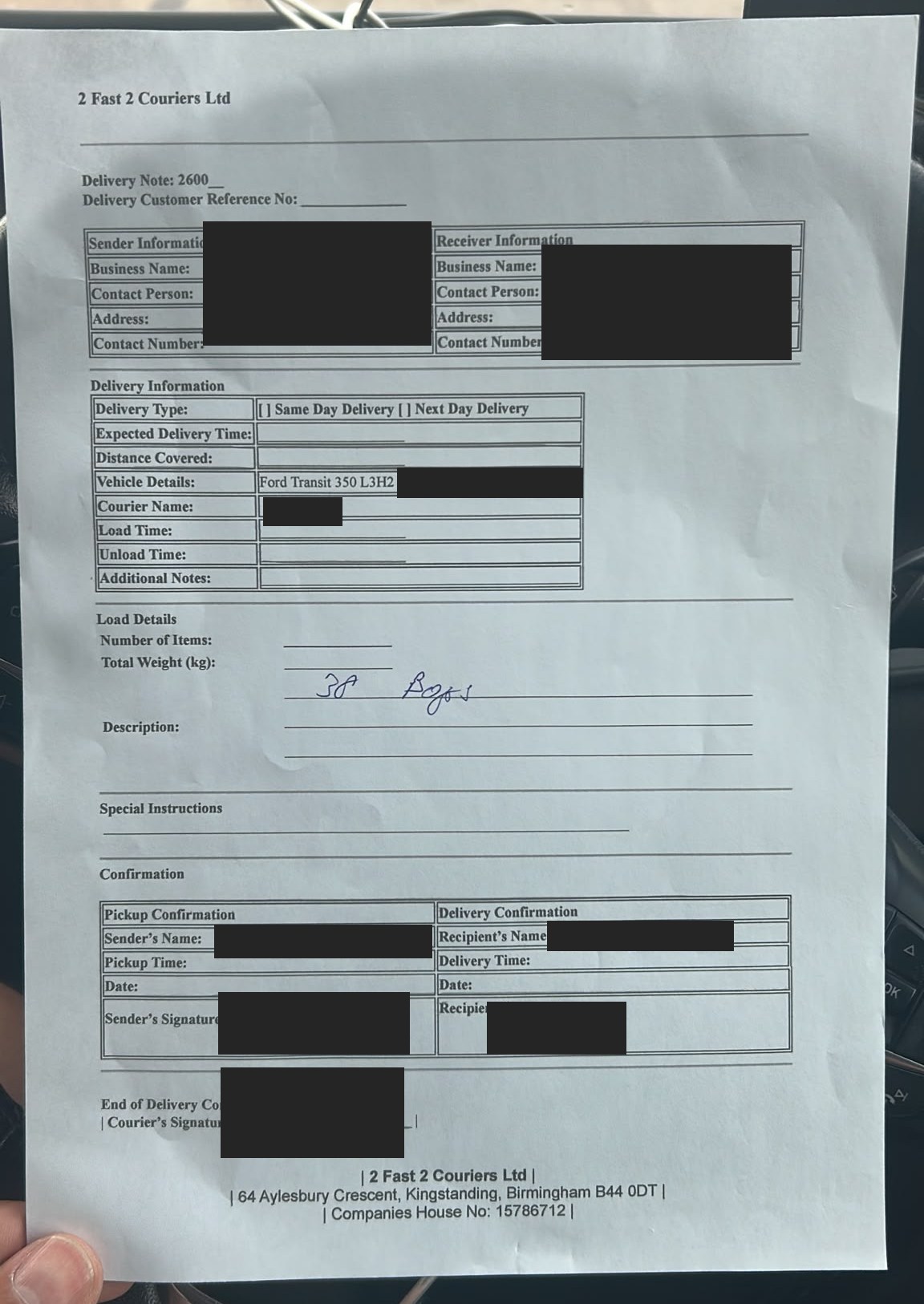 Redacted completed collection and delivery paperwork recording 38 bags.