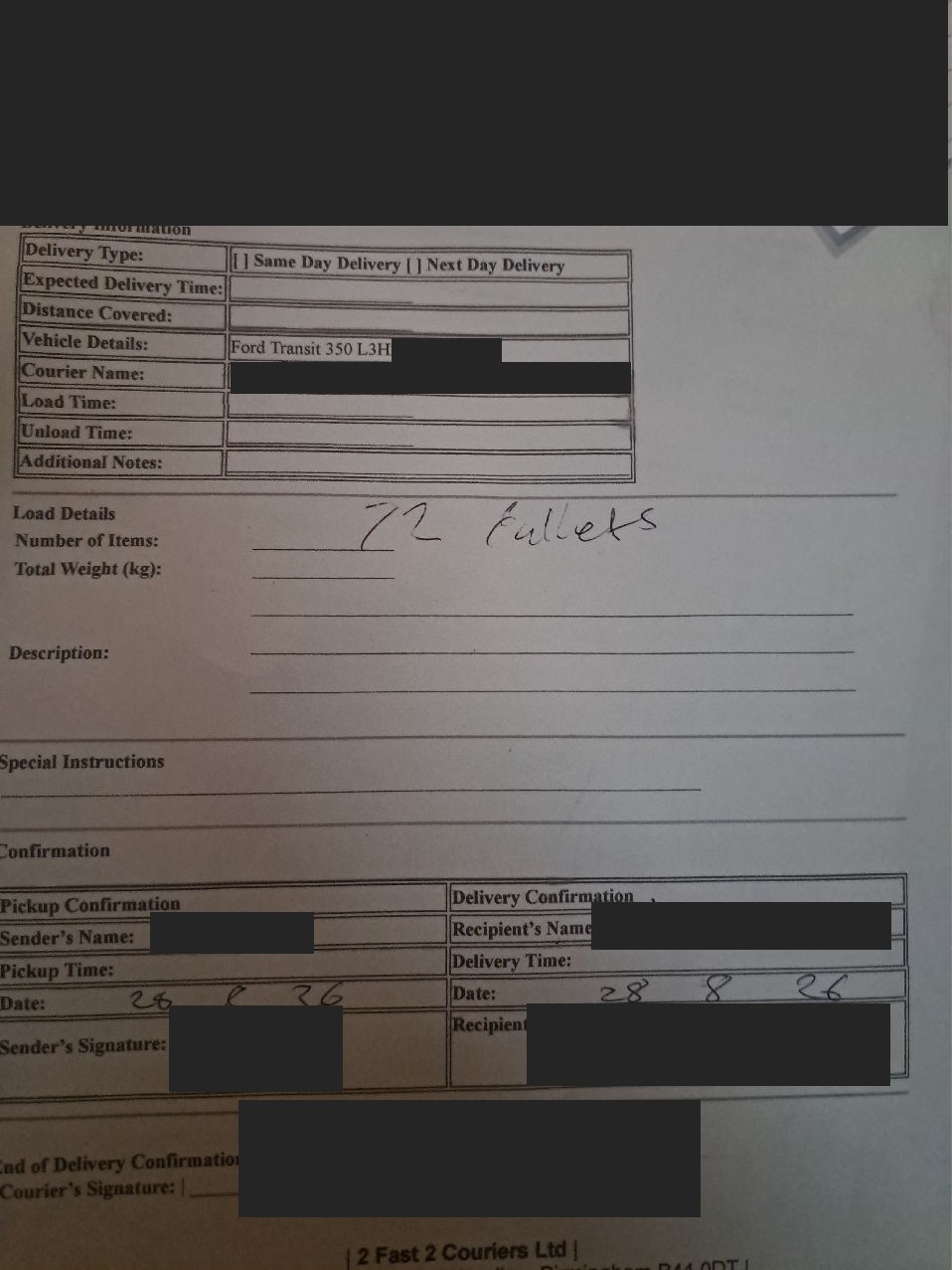 Redacted signed delivery paperwork dated 28 August 2026.