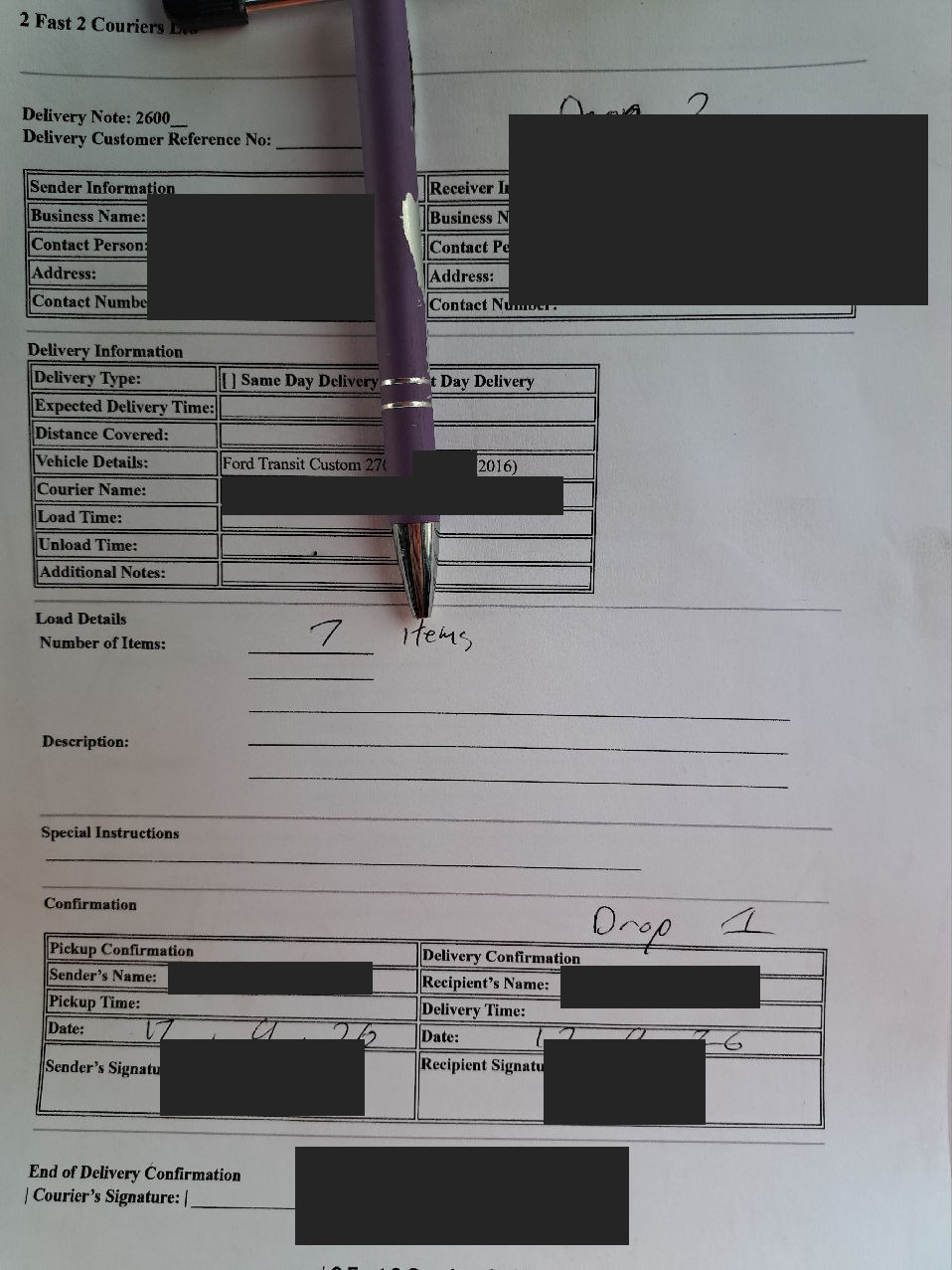 Redacted original paper POD recording the two-drop flooring movement.